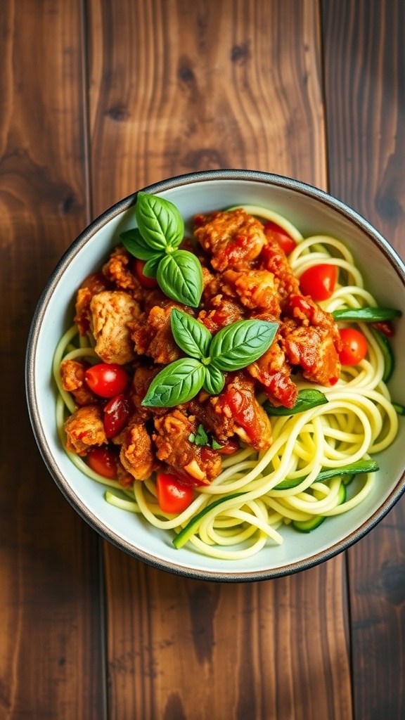 Healthy Ground Chicken Bolognese Over Zucchini Noodles Recipe Healthy ground chicken Bolognese on zucchini noodles, garnished with basil.