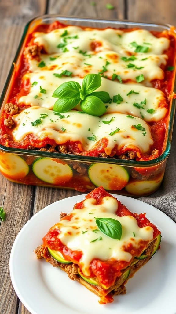 Italian Zucchini and Beef Bake A hearty zucchini and beef casserole with layers of cheese, served on a rustic table.