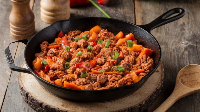 BBQ Ground Chicken and Sweet Potato Skillet with Peppers
