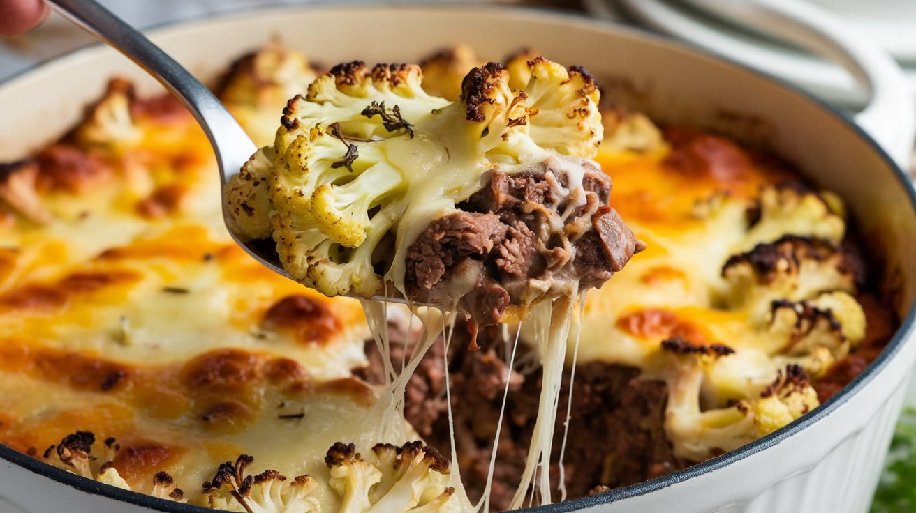 Cheesy Ground Beef & Cauliflower Casserole