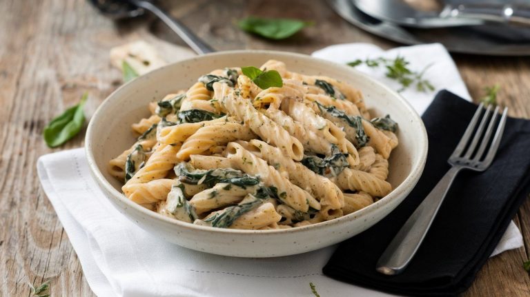 Creamy Gluten-Free Ground Chicken and Spinach Pasta recipe in a bowl