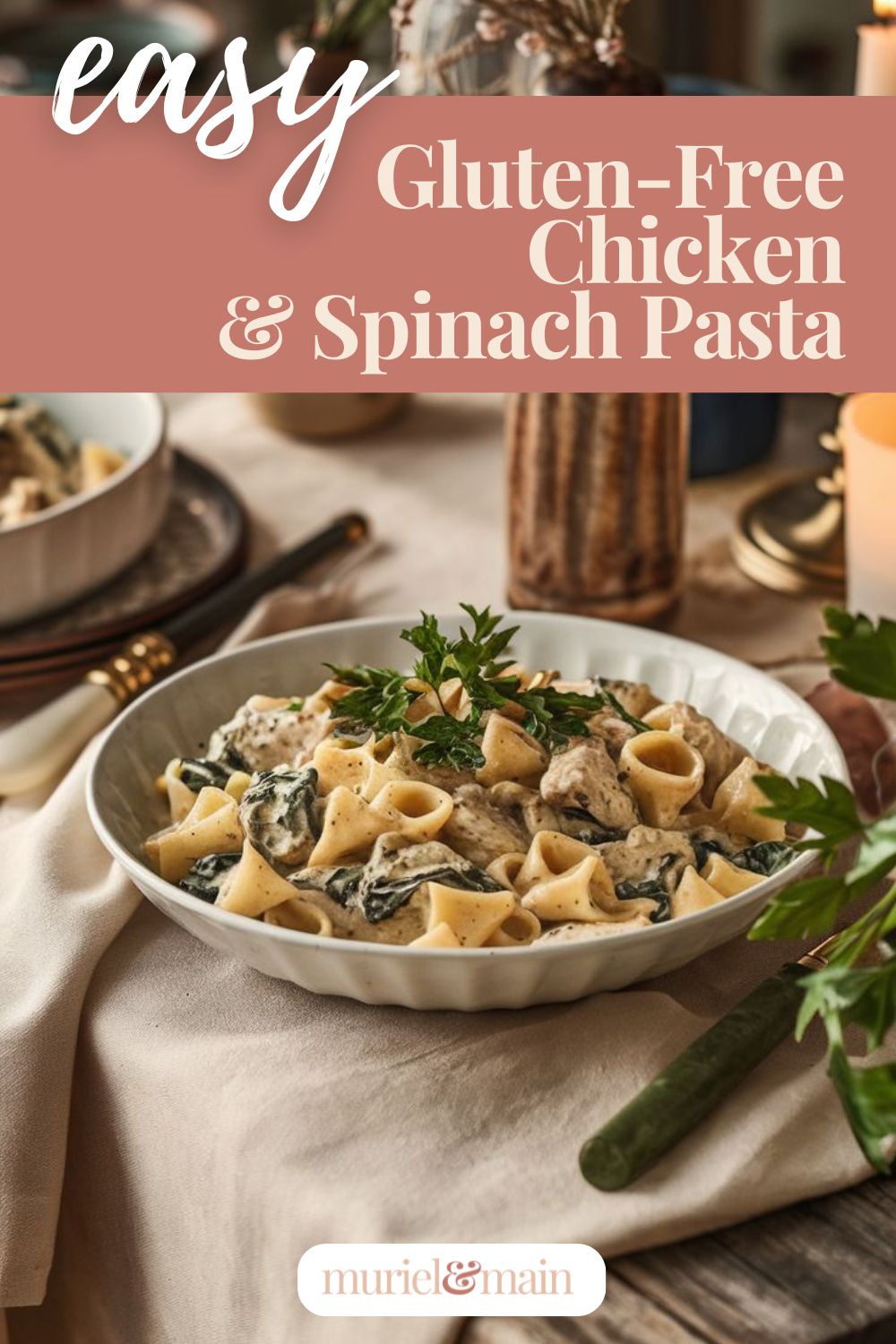 Creamy dreamy bowl of Gluten-Free Ground Chicken and Spinach Pasta on a rustic wood table