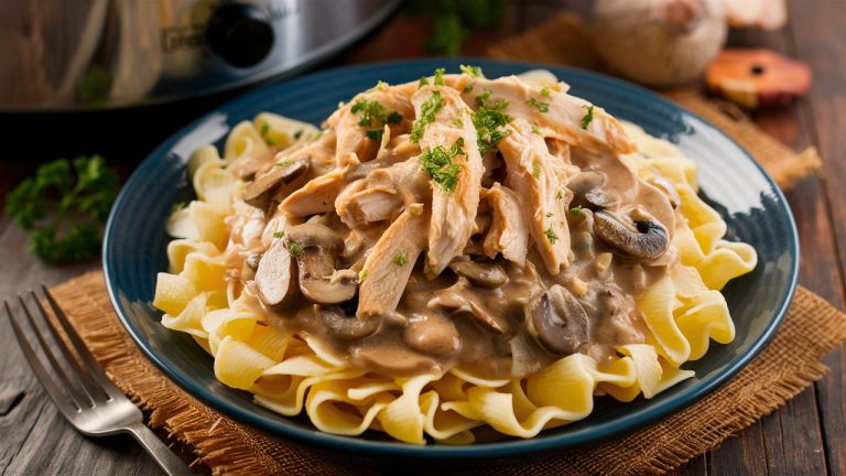 Plate of Crockpot Chicken Stroganoff