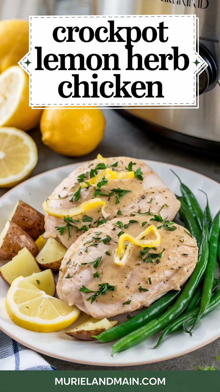 A plate of Lemon Herb Chicken served with roasted baby potatoes and green beans. The chicken breast is garnished with fresh parsley and lemon zest, drizzled with the flavorful lemon-garlic sauce. 
