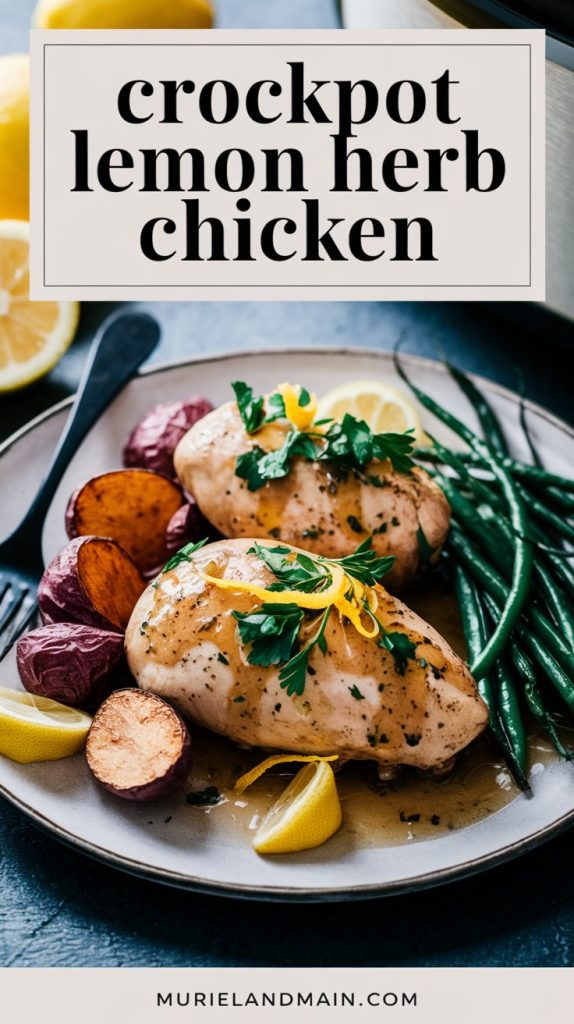 A plate of Crockpot Lemon Herb Chicken served with roasted baby potatoes and green beans. The chicken is garnished with fresh parsley and lemon zest, drizzled with the flavorful lemon-garlic sauce. A crockpot and fresh lemons sit in the background for a warm, inviting presentation.. 