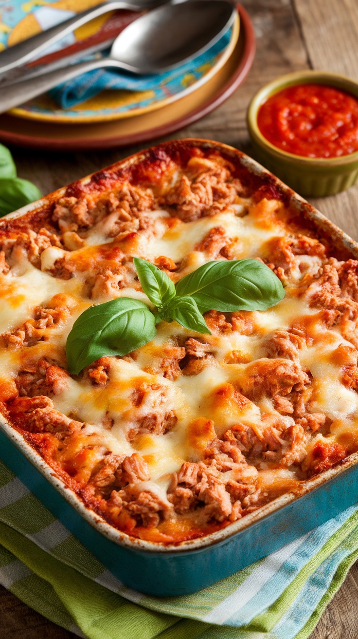 Ground Chicken Parmesan Bake with melted cheese and basil, served in a rustic dish on a wooden table.