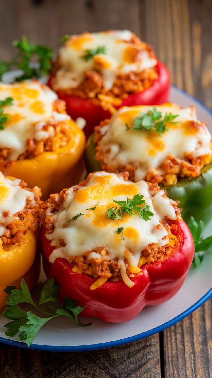 Stuffed bell peppers filled with ground chicken and rice, topped with melted cheese, garnished with parsley, on a rustic wooden table.