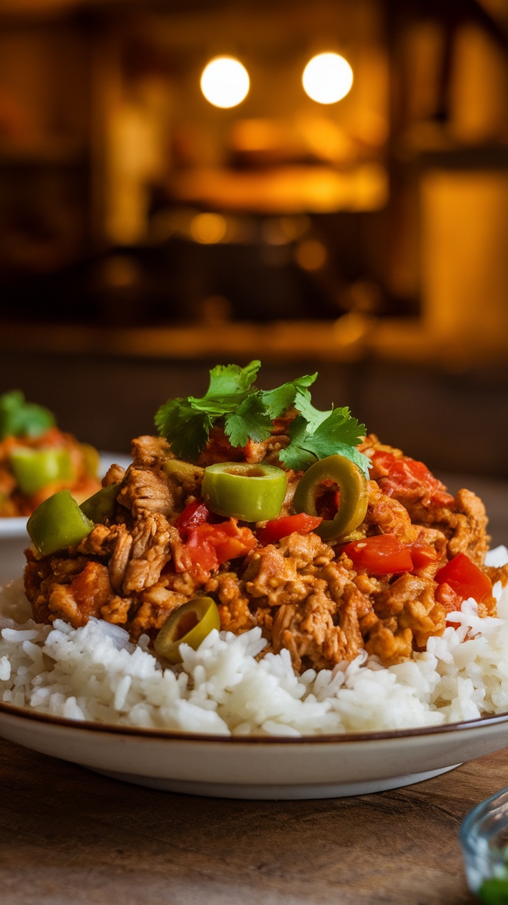 A plate of Cuban-style Chicken Picadillo over rice, garnished with cilantro, in a rustic kitchen setting.