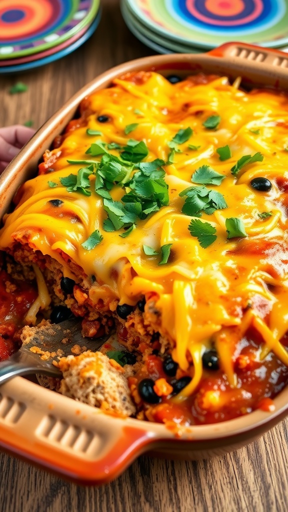 Savory Ground Beef Enchilada Casserole A layered enchilada casserole with ground beef, black beans, and melted cheese, garnished with cilantro on a wooden table.