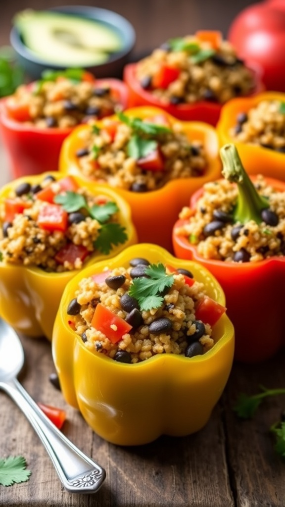 Savory Vegan Slow Cooker Stuffed Bell Peppers Four stuffed bell peppers filled with quinoa, black beans, and tomatoes, garnished with cilantro on a wooden table.