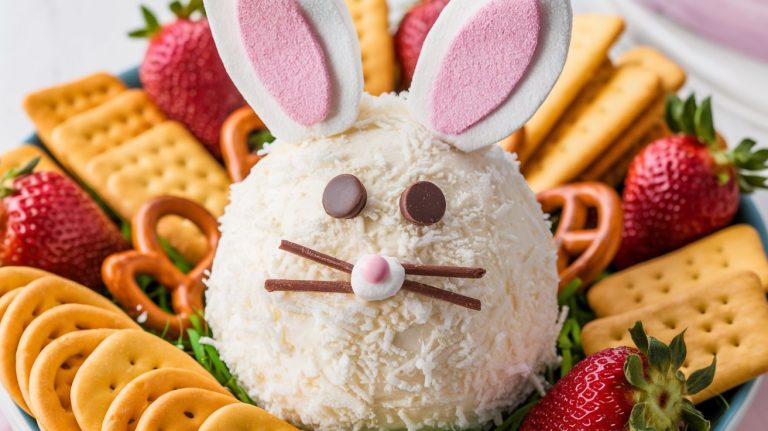 Easter Bunny Cheeseball - A soft, fluffy-looking cheeseball shaped like a bunny, covered in white shredded coconut to mimic fur. Its marshmallow ears are lightly dusted in pink sugar, while chocolate chip eyes and a tiny pink candy nose bring it to life. Surrounding the bunny is a colorful display of golden crackers, twisted pretzels, and fresh strawberries, ready for dipping. The entire setup is pastel-perfect, making it a centerpiece-worthy dish at any Easter gathering!