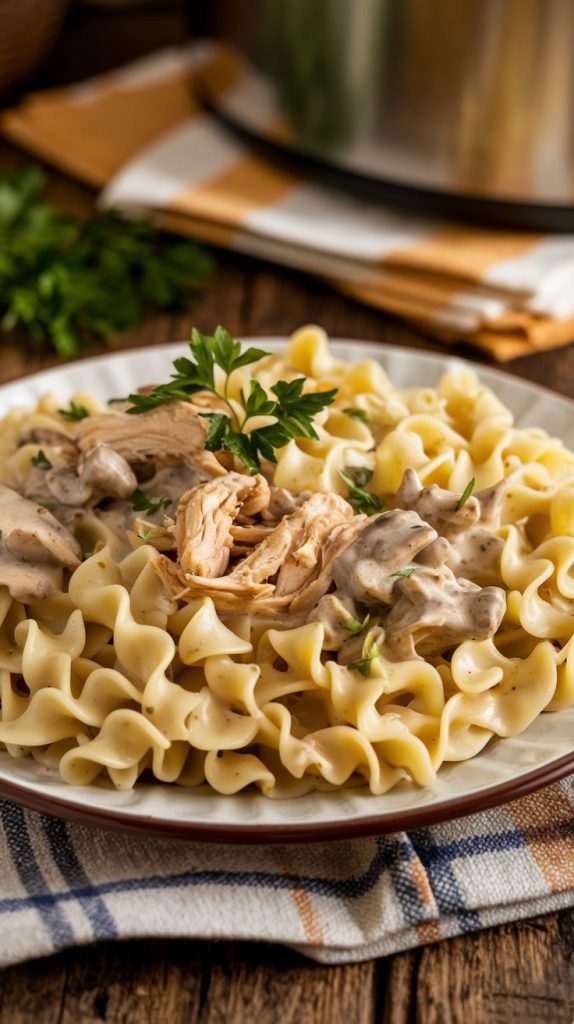 A plate of Crockpot Chicken Stroganoff served over buttery egg noodles, with tender shredded chicken in a creamy mushroom sauce. The dish is garnished with fresh parsley and set on a rustic wooden table with a crockpot and napkins in the background.