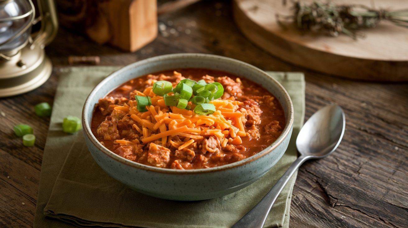 Bowl of ground chicken chili, a healthy low calorie high protein meal.