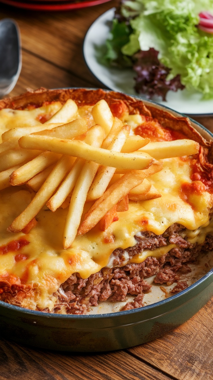 Cheesy French Fry Cheeseburger Casserole Cheeseburger casserole with ground beef, cheese, and French fries on a rustic table.