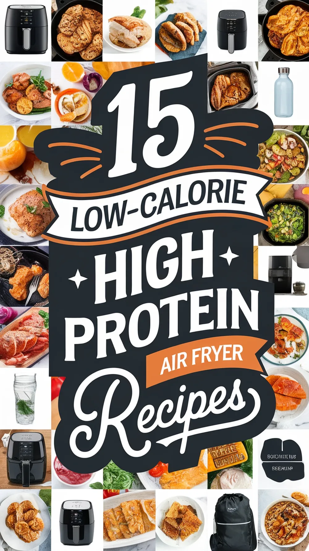 A collage of 15 low-calorie, high-protein air fryer recipes