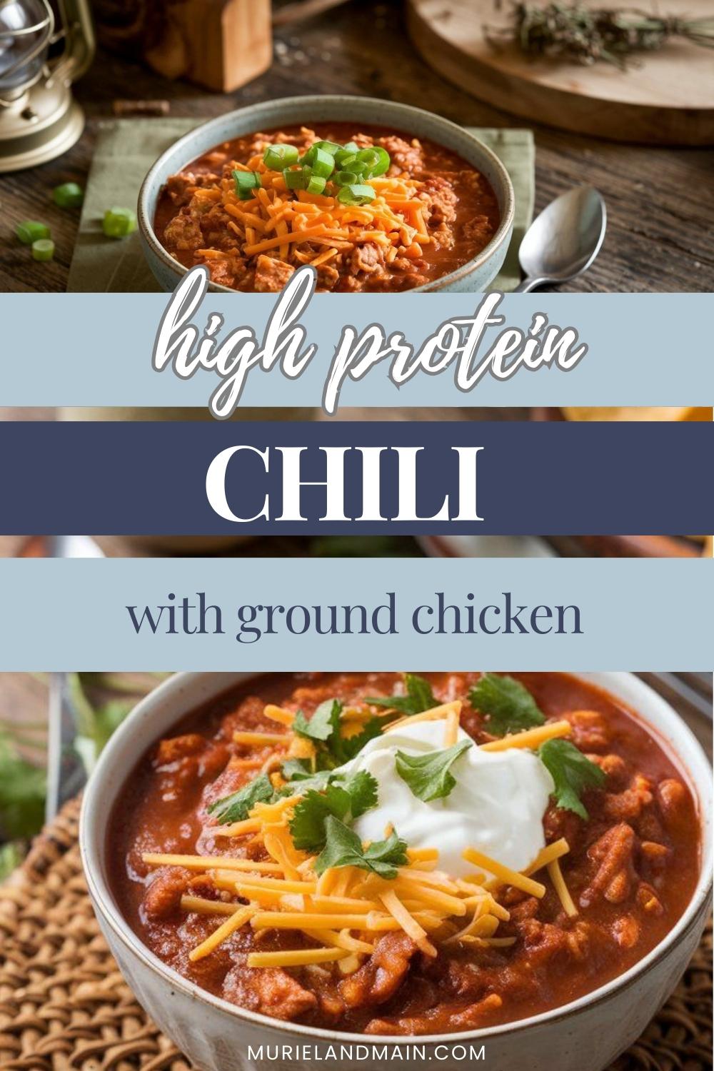 Ground chicken chili in a bowl on a rustic wood table. 
