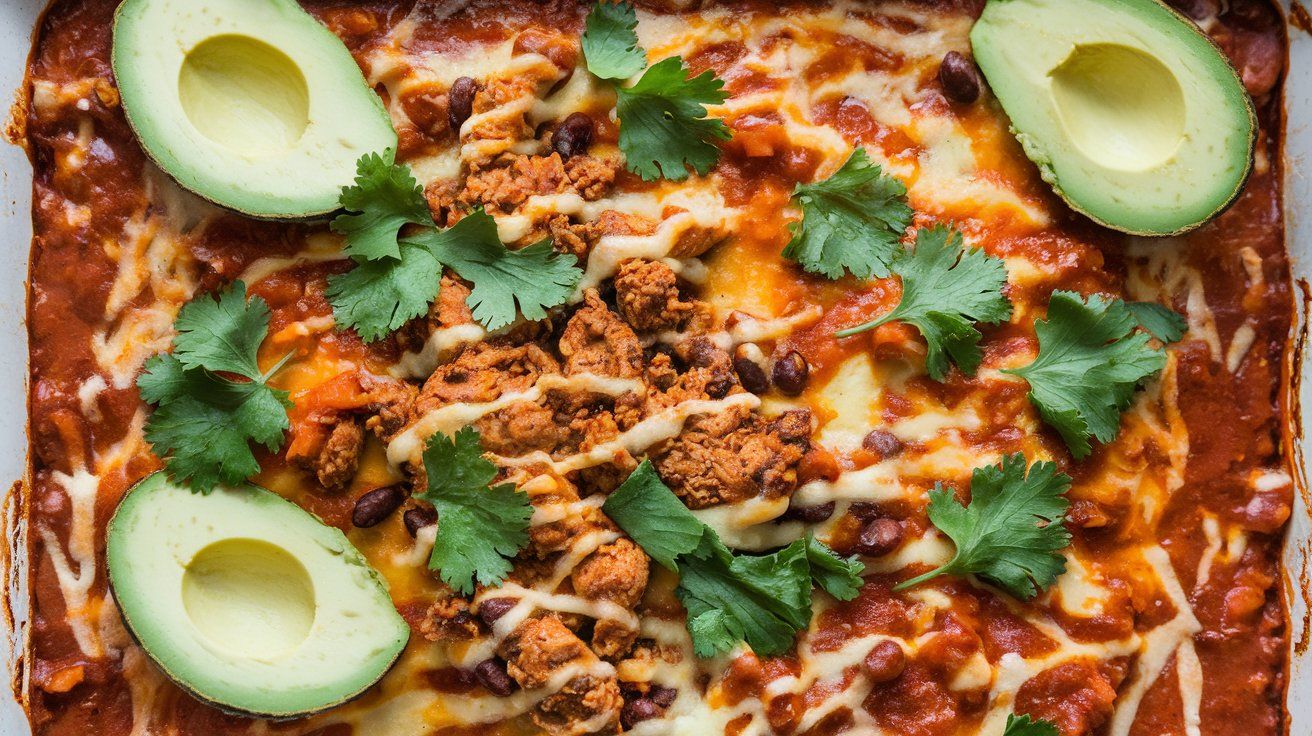 Mexican Ground Chicken Enchilada Casserole, a close up view