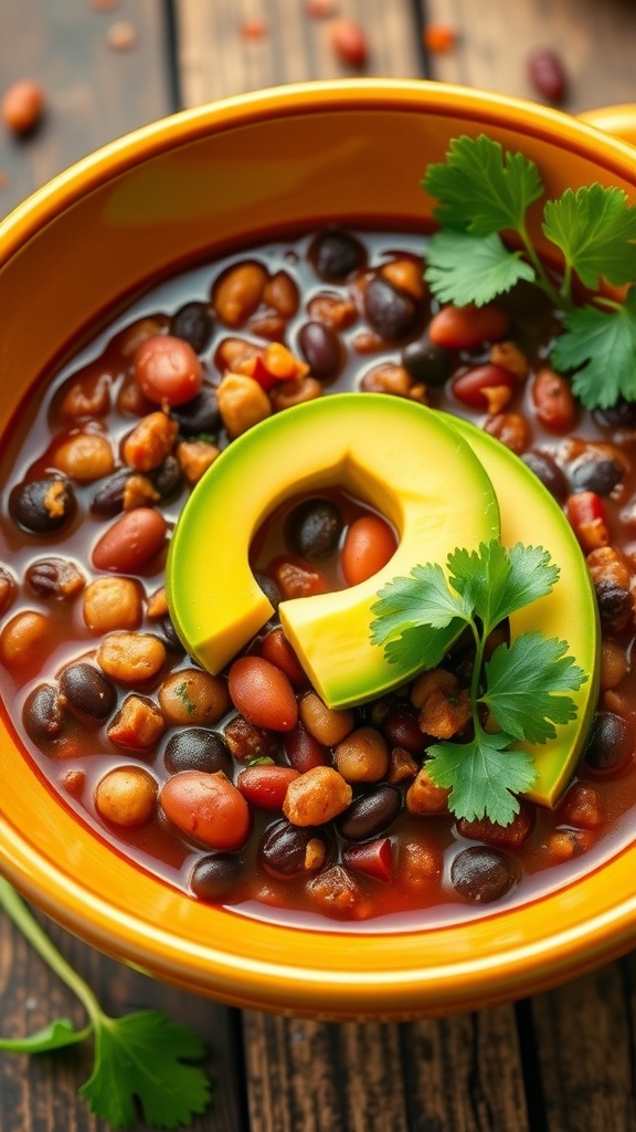 Hearty Slow Cooker Vegan Chili Recipe Bowl of vegan chili with black beans, kidney beans, lentils, topped with avocado and cilantro.