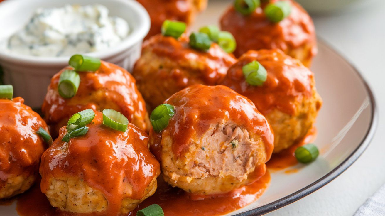 Spicy Buffalo Chicken Meatballs on a Fresh Salad
