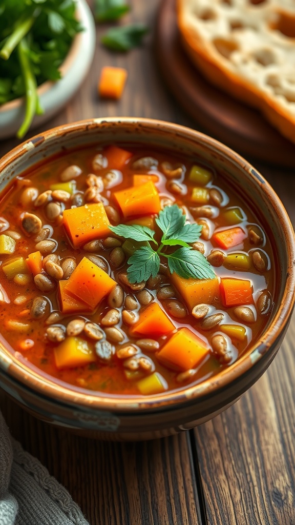 Hearty Crockpot Lentil Soup Recipe A bowl of lentil soup with carrots, celery, and spices, garnished with parsley, on a rustic kitchen table with bread.