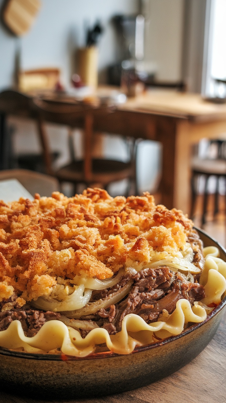 Savory French Onion Beef Casserole Recipe A hearty French onion beef casserole with a crispy breadcrumb topping and melted cheese in a rustic dish.