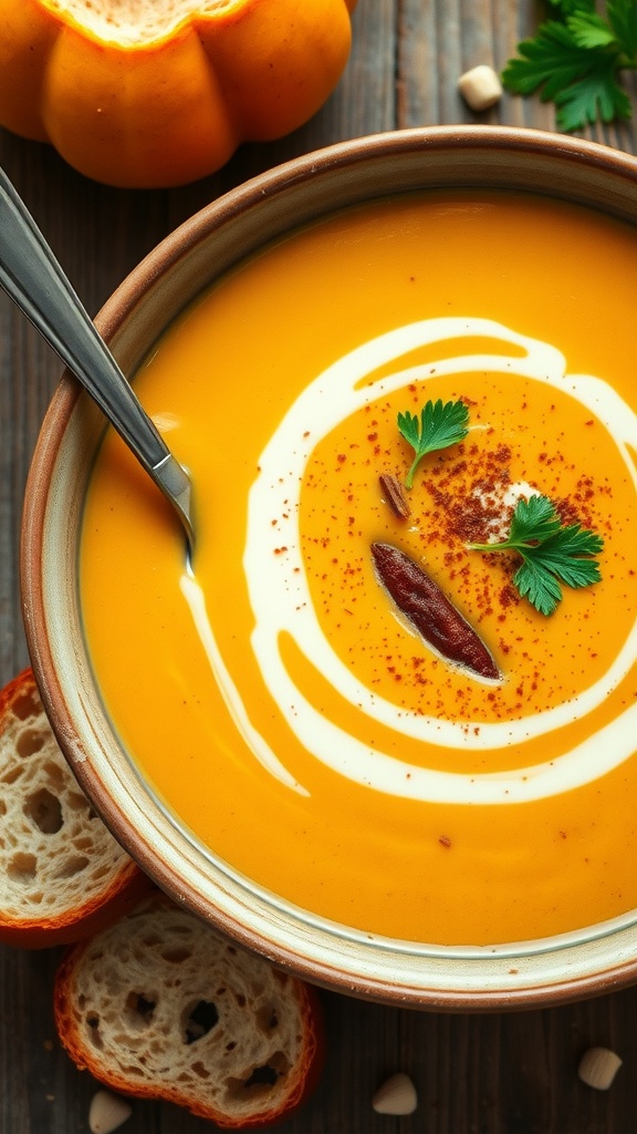 A bowl of creamy butternut squash soup garnished with parsley, alongside slices of bread on a wooden table.