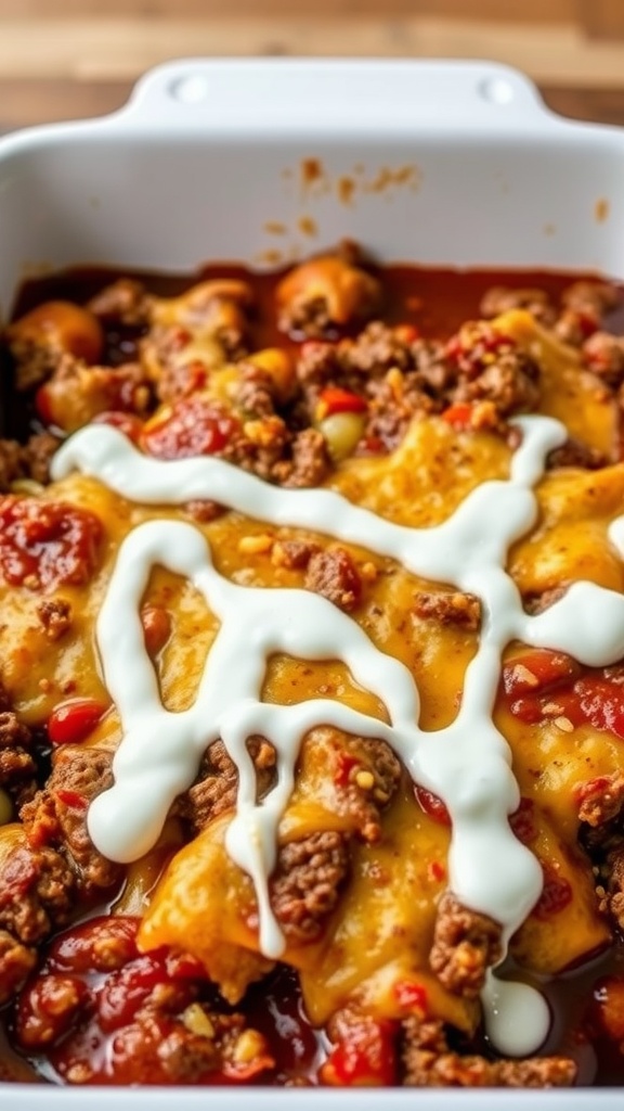 A close-up of a cheesy BBQ ranch ground beef casserole topped with sauce.