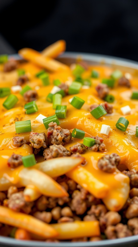 A close-up of a cheesy French fry cheeseburger casserole topped with green onions.
