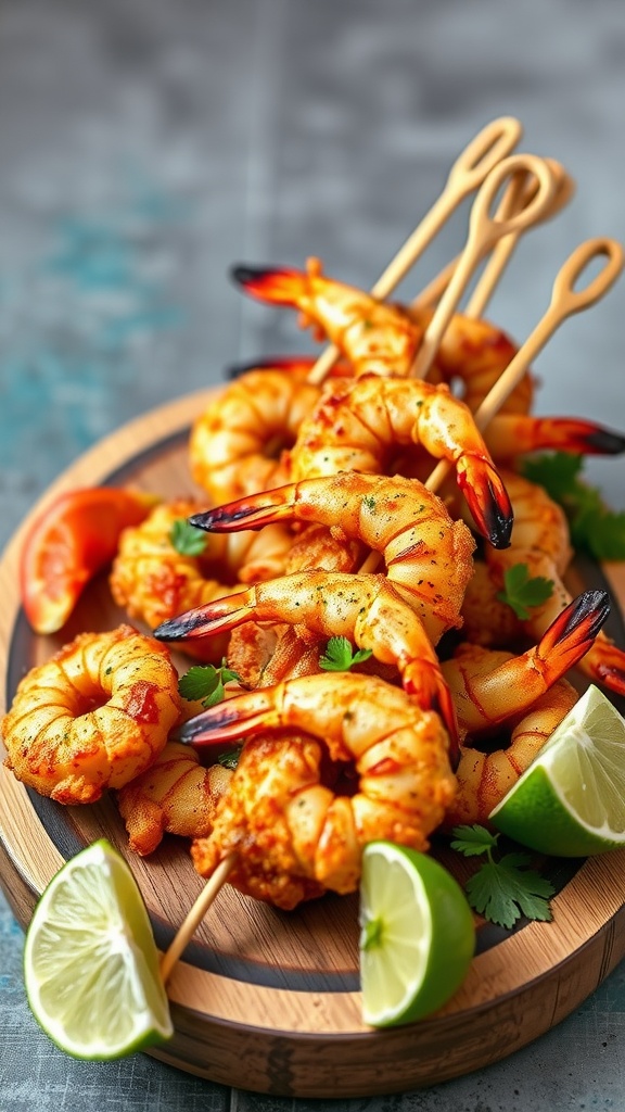 Chili lime grilled shrimp skewers garnished with lime and cilantro