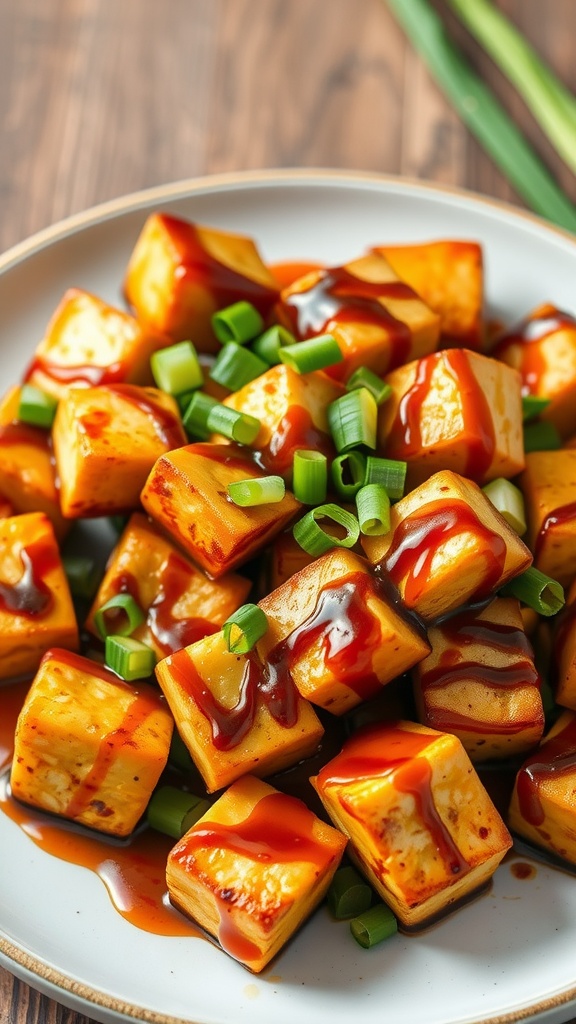 A plate of crispy tofu cubes drizzled with soy glaze and garnished with green onions.