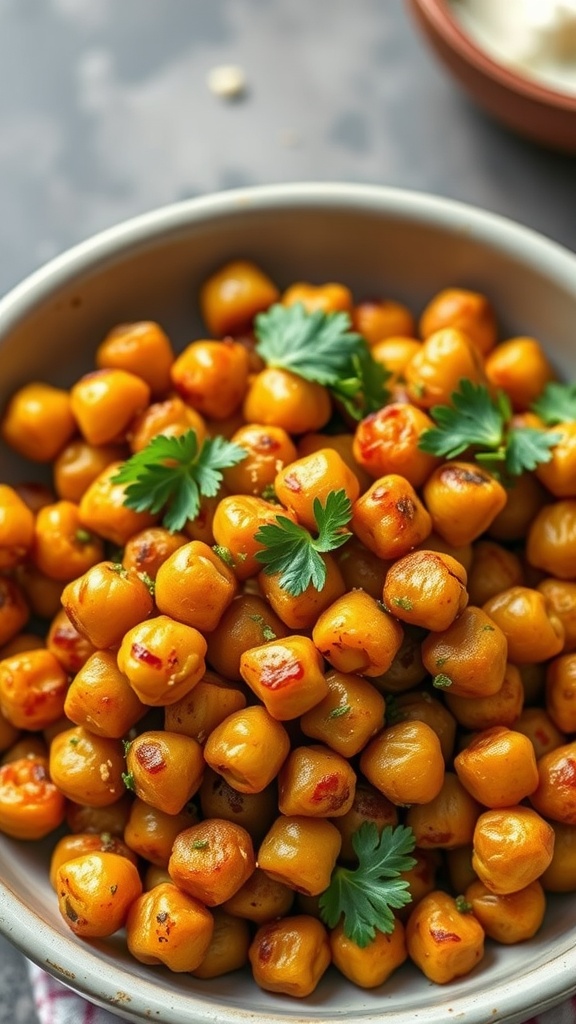 A bowl of garlic and paprika roasted chickpeas garnished with fresh herbs.
