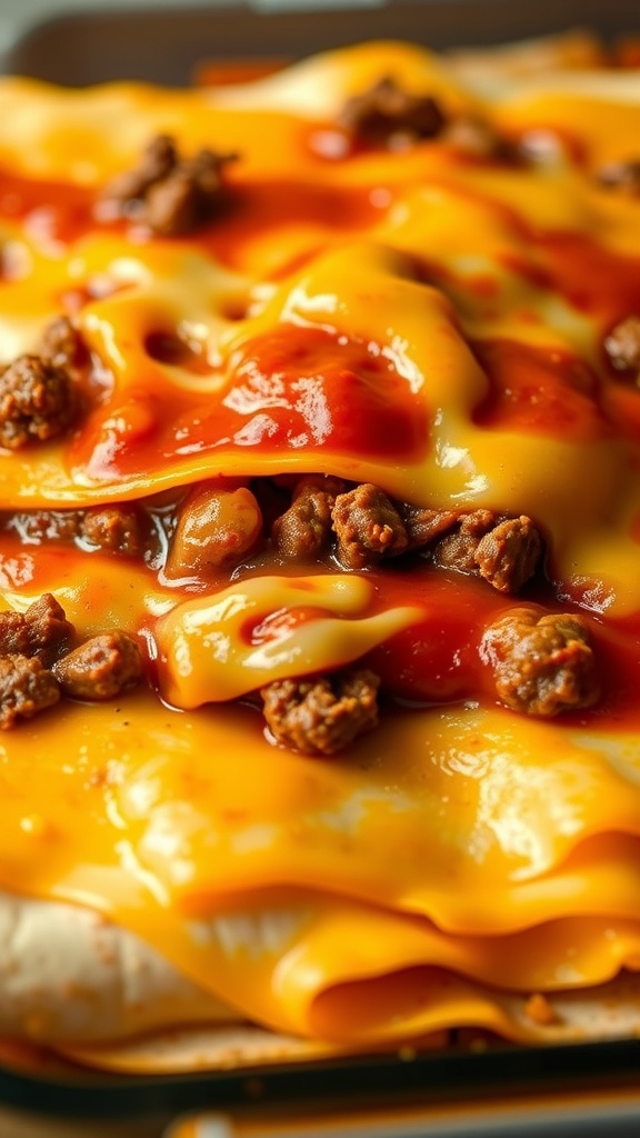 Delicious ground beef enchilada casserole topped with melted cheese and sauce.