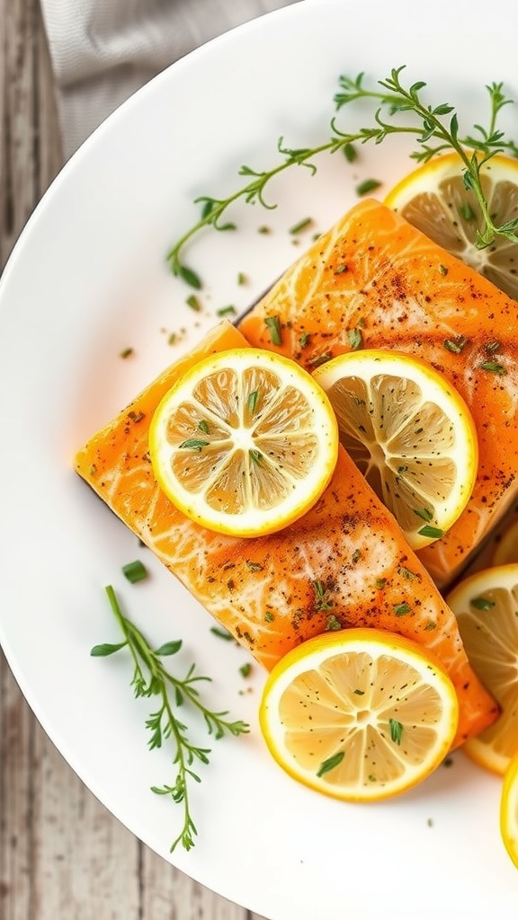 Lemon Garlic Air Fried Salmon Fillets with slices of lemon and herbs