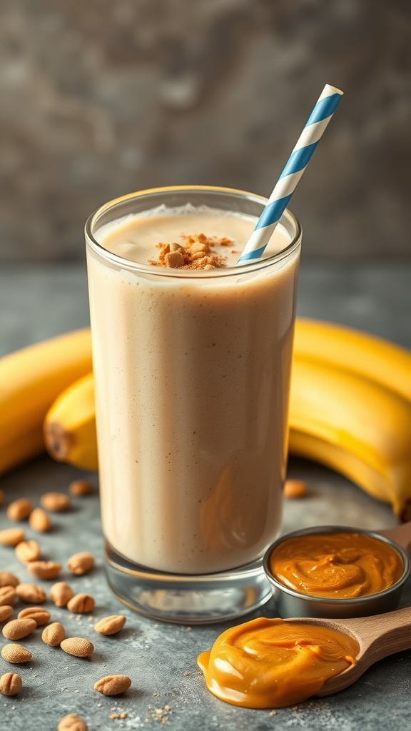 A refreshing peanut butter banana protein smoothie in a glass with a straw, surrounded by bananas and peanut butter.