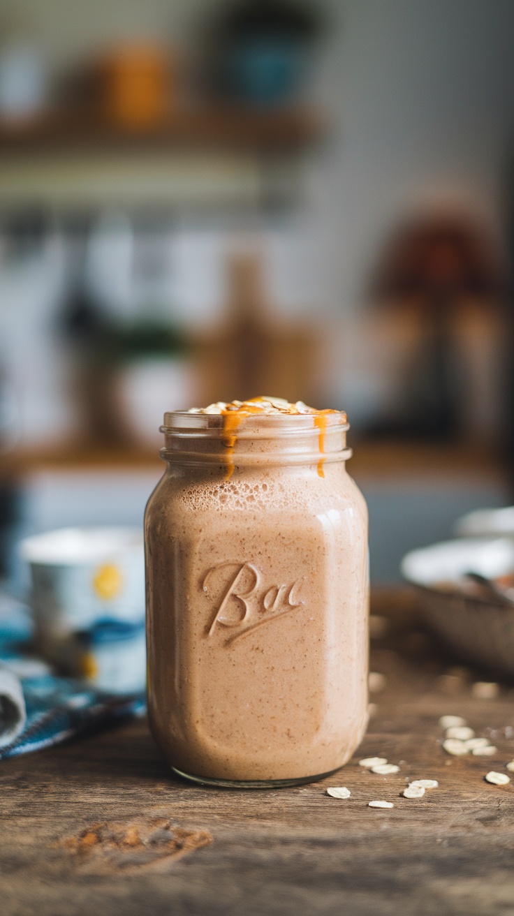 A creamy peanut butter oatmeal smoothie in a jar, topped with oats.