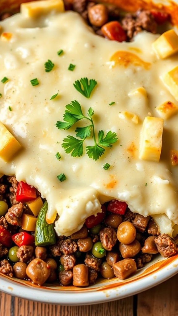 A close-up of a shepherd's pie casserole topped with creamy mashed potatoes and garnished with herbs.