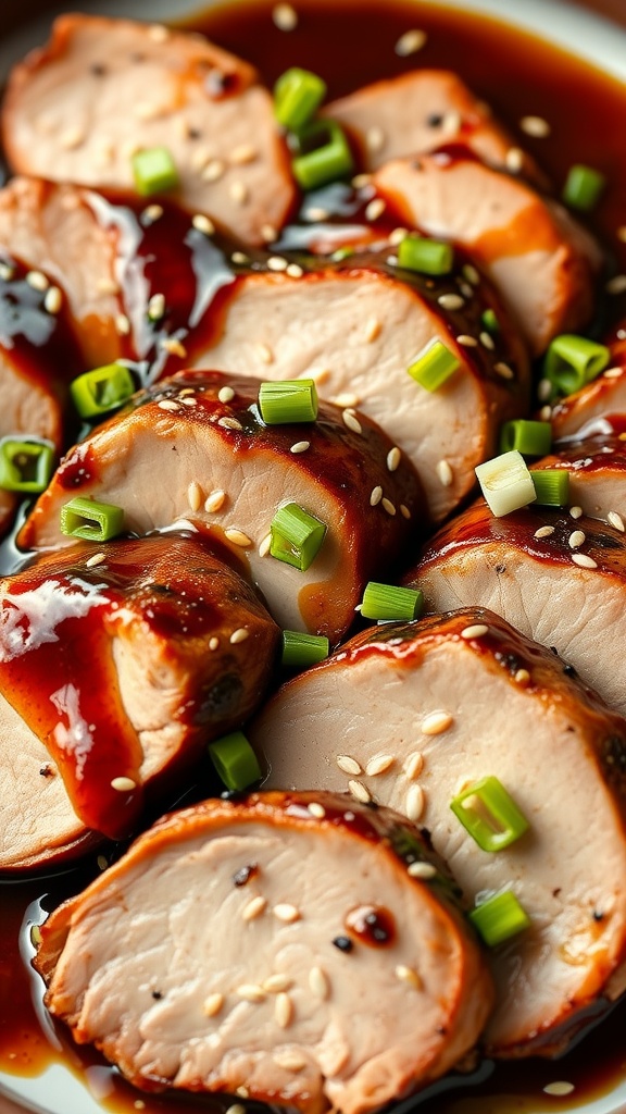 Teriyaki pork tenderloin medallions garnished with green onions and sesame seeds.